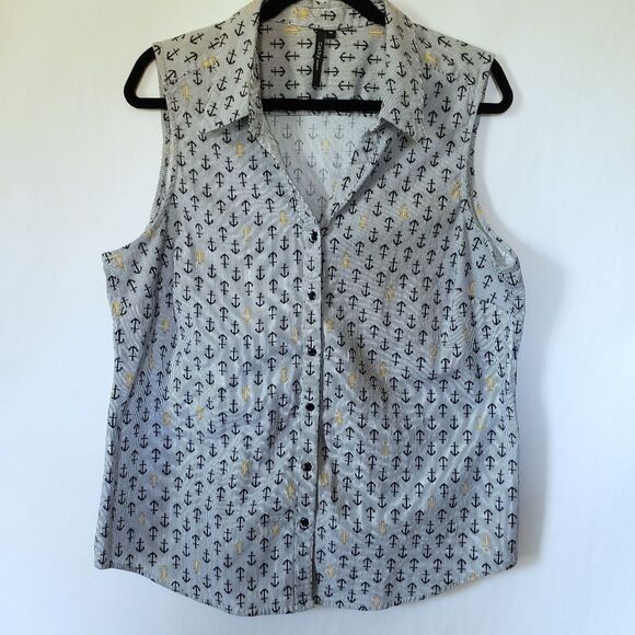 Cathy Woman Nautical Sleeveless Button Down Top Anchor Print 1X - Picture 1 of 8